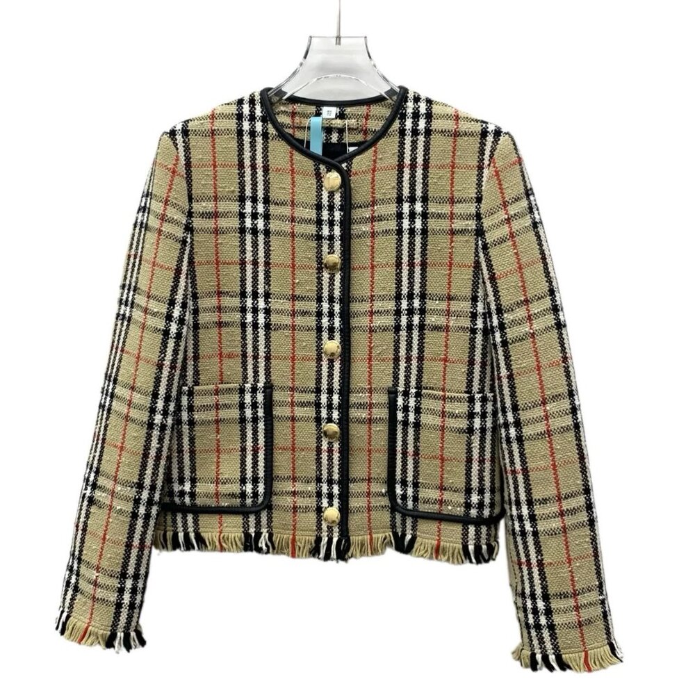 Burberry Plaid Tweed Jacket With Fringe Hem & Gold Buttons Womens Size S